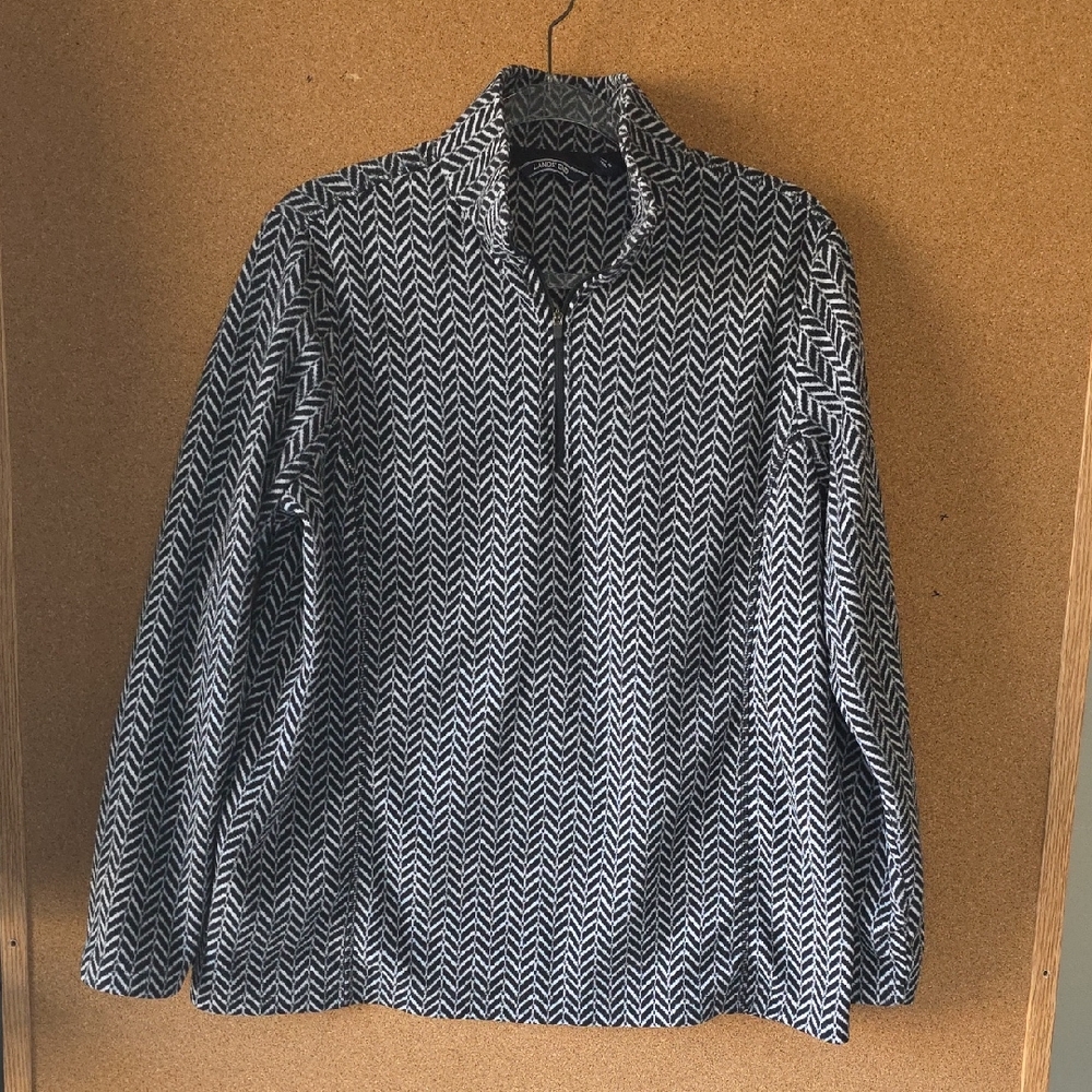 Lands’ End Herringbone Fleece Quarter Zip Pullover 14‑16 Black White Chevron